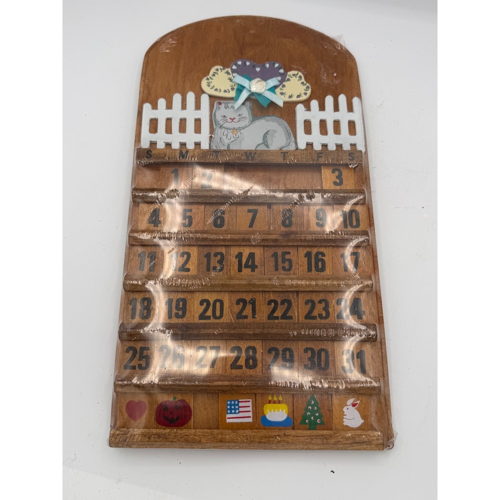 Vintage 1980s Carol Wright Wooden Perpetual Calendar Cat Picket Fence New Sealed